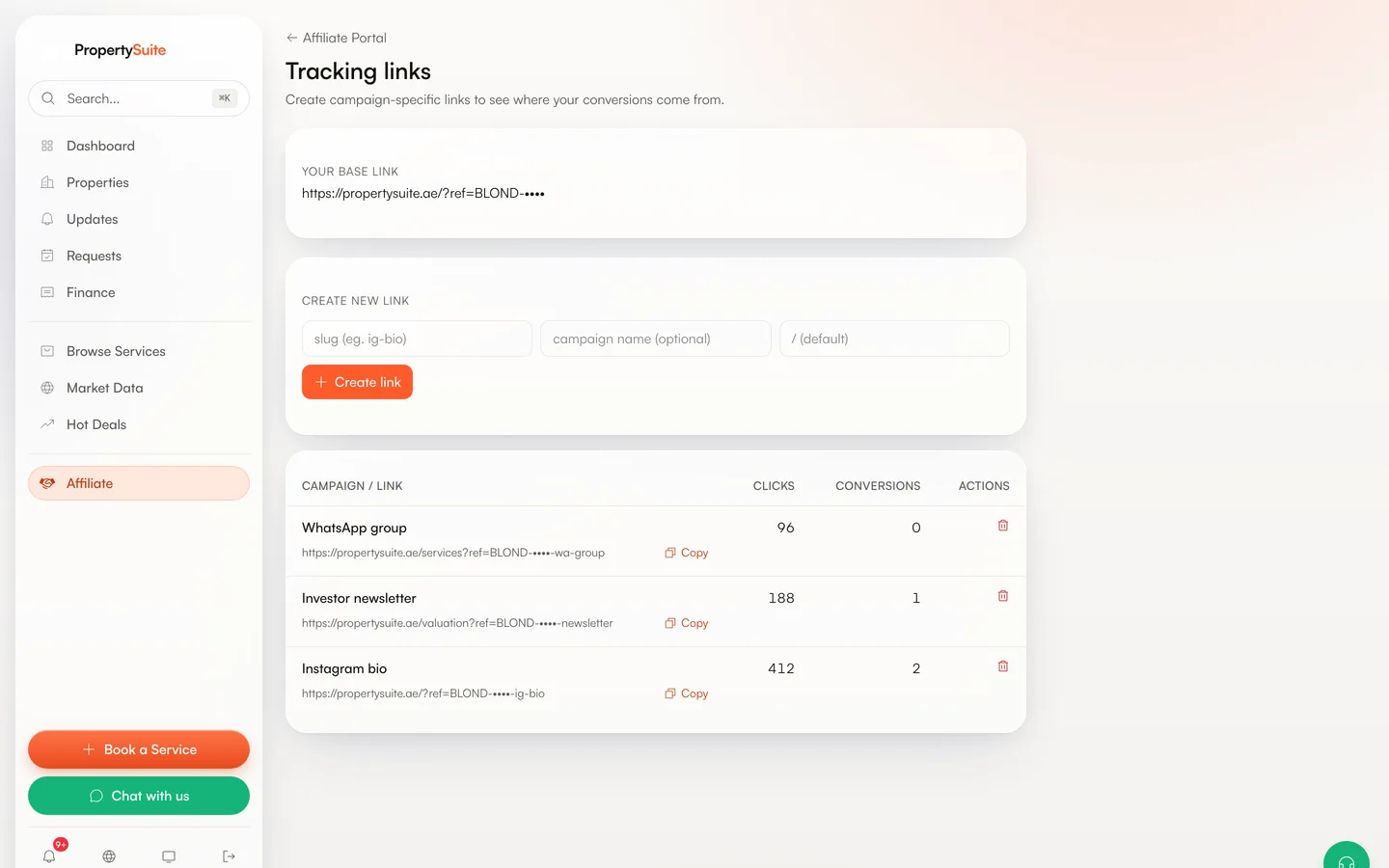 The tracking links screen of a test account: the base referral link with the code masked, a form for a new link with slug, campaign name and landing page, and a table of three campaign links with their clicks and conversions.